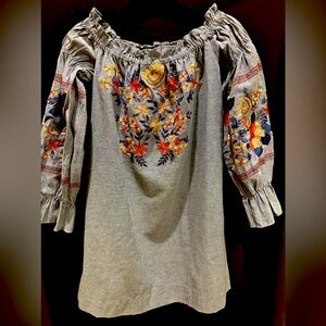 FREE PEOPLE Blue Fleur Du Jour Embroidered Mini Shift Cotton Twill Dress M